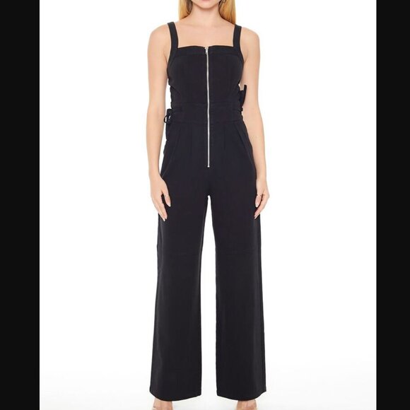 Forever 21 X-Small Black Cutout Zip-Up Denim Jumpsuit NWT - Picture 1 of 4